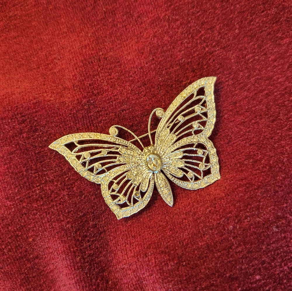 Filigree Butterfly Silver tone Museum Store Brooch with Crystals
